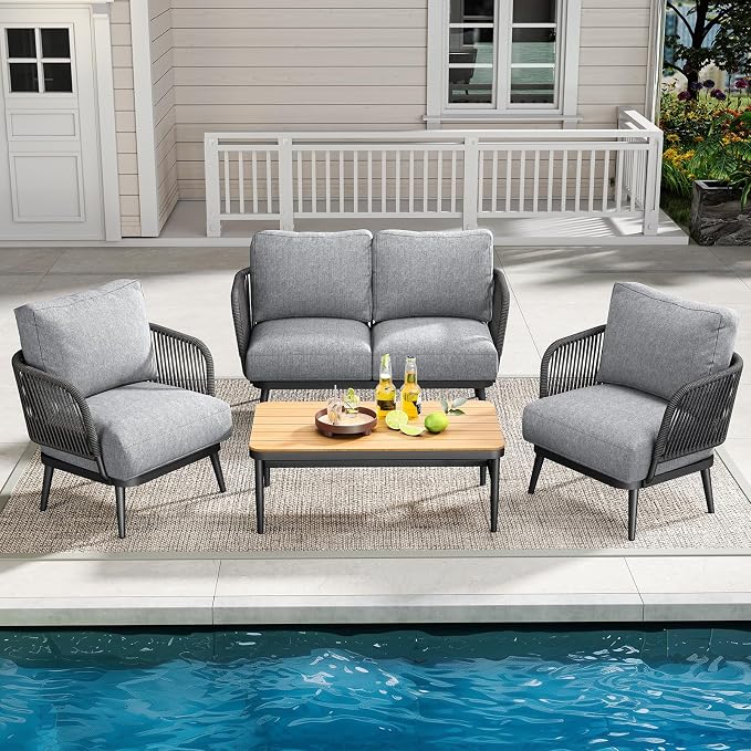 Jocoevol Outdoor Patio Furniture Set 5-Piece, Outdoor 4-Seat Sofa with Coffee Table, Waterproof Thick Cushion Patio Conversation Set, All Weather Outdoor Couch Set for Deck, Lawn, Balcony, Porch