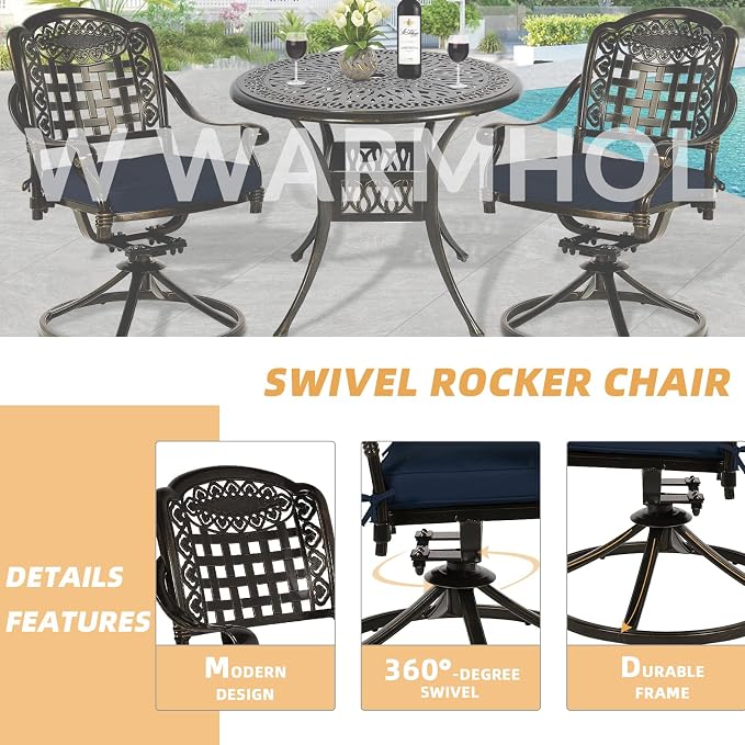 3-Piece Outdoor Patio Dining Set, All-Weather Cast Aluminum Patio Furniture Set for Backyard Garden Deck with 2 Swivel Cushioned Chairs and 35.4” Round Table, 2" Umbrella Hole, Navy Blue