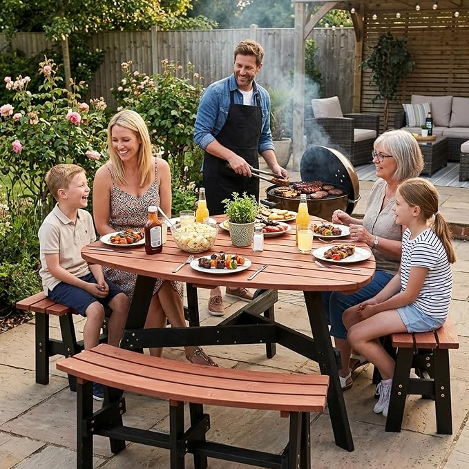 KEIKI 6-Person Outdoor Picnic Table Set with Benches & Umbrella Hole | Seats 6 with a 1,500 lb capacity, solid fir wood, umbrella hole, and 3 built-in benches for outdoor dining