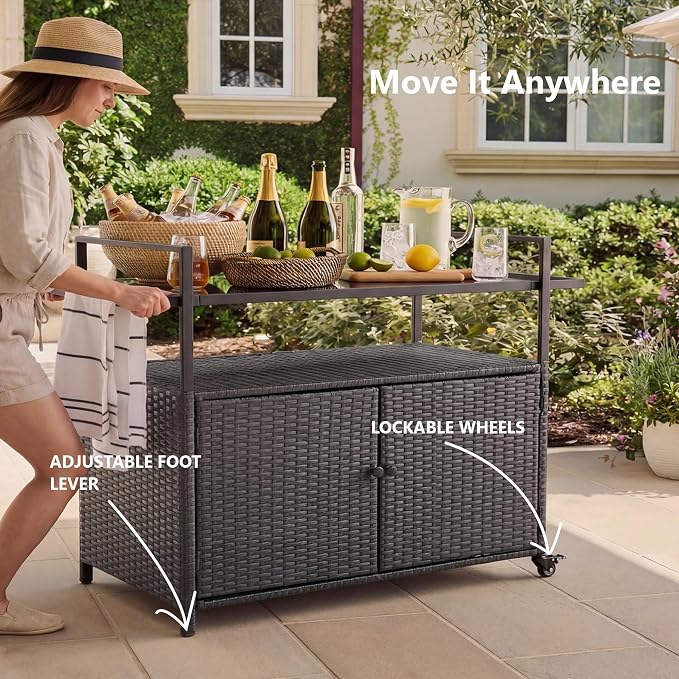 51.2" Wicker Outdoor Bar Cart - Black Patio Console Storage Table Buffet Cabinet Serving Kitchen Cart with Wheels for Outside Backyard