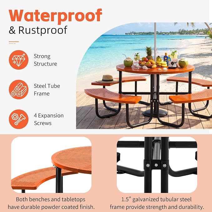 46" Outdoor Round Perforated Picnic Table Metal Camping Table with Umbrella Hole - Heavy Duty Steel Mesh Picnic Bench Set for Backyard Garden Deck, Orange