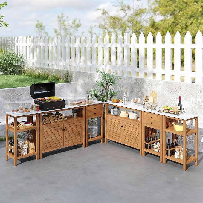 Giantex Acacia Wood Outdoor Side Table, Patio Buffet Cabinet Bar Table with Faux Marble Countertop, Glass & Wine Holders, Patio Storage Cabinet for Garden, Backyard, Kitchen