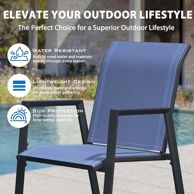 9-Piece Outdoor Dining Set for 8 – 60" Black Round Outdoor Table with Umbrella Hole & 8 Blue Outdoor Stackable Dining Chairs, All-Weather Patio Furniture