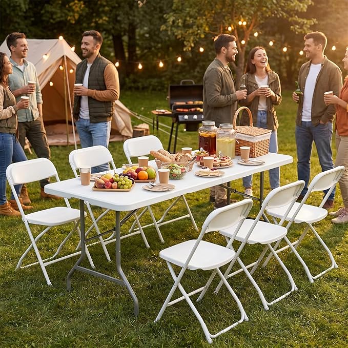 Sweetcrispy 6 FT Folding Picnic Table Easy to Fold and Store, Foldable Table for Camping Picnic Dining Party Kitchen Outdoor Indoor with Carrying Handle