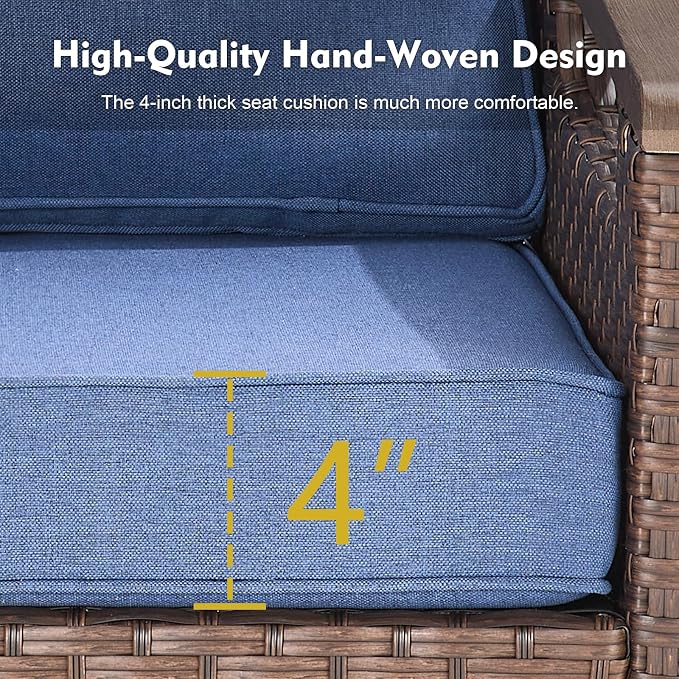 Rilyson Luxury Wicker Outdoor Couch Patio Sofa, 3 Seater Rattan Patio Couch Water Resistant,Comfortable Cushions and Sturdy Metal Frame for Outside Porch Deck Backyard, Brown/Blue