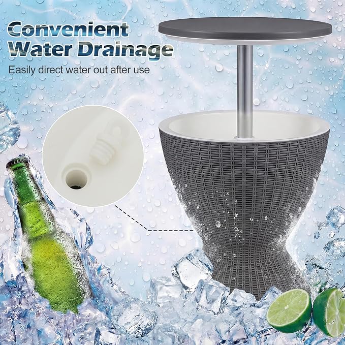 LDAILY Outdoor Cooler Bar Table, 8 Gallon Outdoor Patio Cooler Table with Rattan Style Patio, Drain Plug, Adjustable Height, All-Weather Ice Bucket for Poolside, Beer and Wine Cooler(Grey)