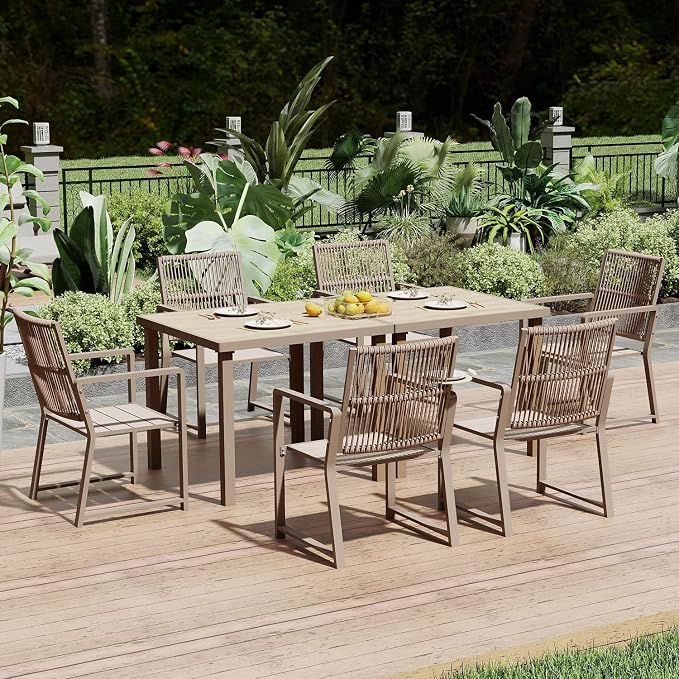 8 Pieces Outdoor Dinning Set Featuring 2 AluminumTables and 6 Iron Alloy Ratten Chairs Waterproof and Rust-Proof Courtyard Style Table Garden Balcony Poolside, Light Brown 8 Pcs