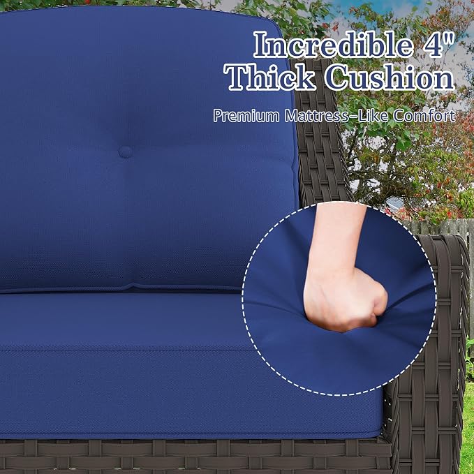 3 Pieces Patio Rocking Chairs, 2 High Back PE Rattan Furniture Set and Side Table, Outdoor Wicker Furniture Set, All Weather Patio Set with Waterproof Cushion for Porch and Deck
