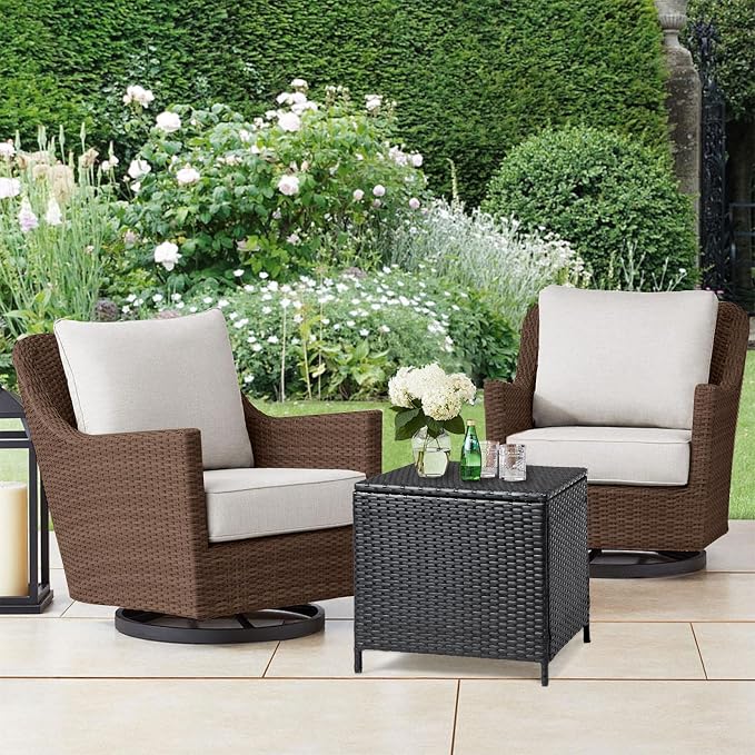 Wicker Rattan Patio Side Table with Lid, 27 Gallon PE Rattan Deck Box Patio Storage Chest, Wicker Storage Box Outdoor Coffee End Table for Porch Lawn (Black)