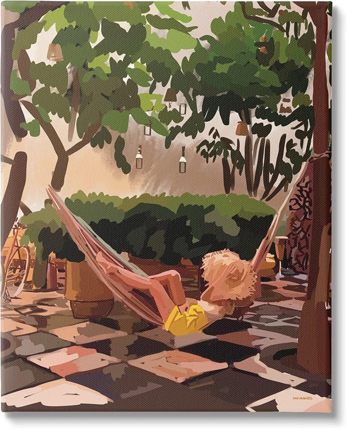 Stupell Industries 'Woman Lounging Hammock Tropical Summer'| Canvas Art | Stupell Industries | 36 x 48 Inches, Easy to Hang and Sturdy, Made in USA, by Amelia Noyes