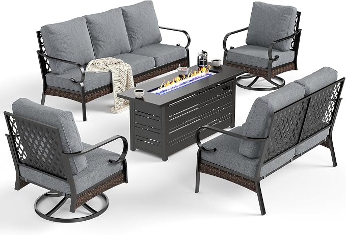 SUNSHINE VALLEY 5 Piece Metal Outdoor Patio Furniture Sets with Firepit Table, Patio Conversation Sets 1 3-Seater Sofa, 1 2-Seater Loveseat, 2 Swivel Chair with 5.75" Cushion for Backyard Deck, Gray