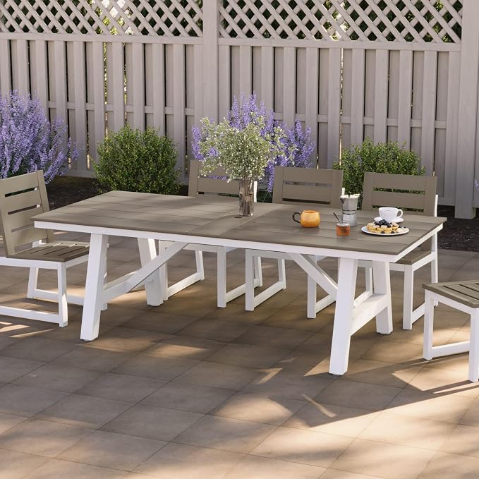 WestinTrends Cape May 90" HDPE Rectangle Outdoor Patio Dining Table with Umbrella Hole and Metal Frame, Weathered Wood