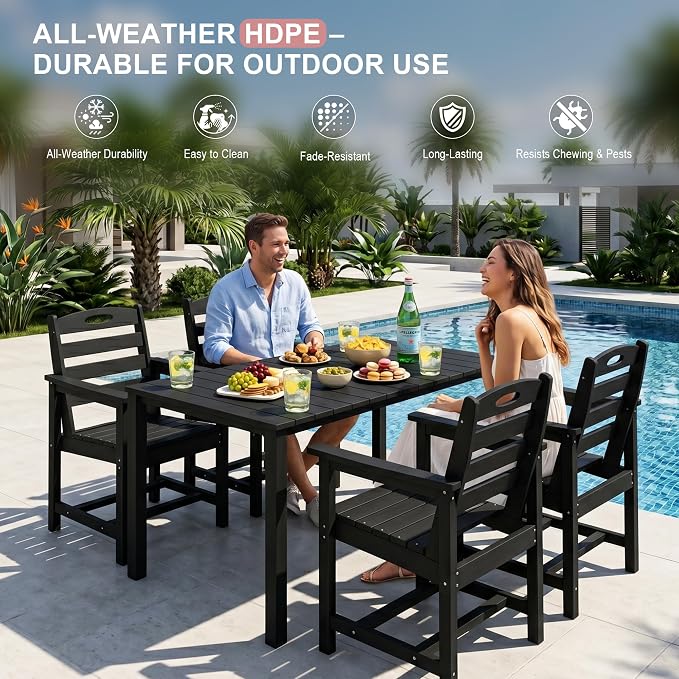Domi HDPE Outdoor Dining Set, All-Weather 5 Piece Outdoor Dining Table Set with 2" Umbrella Hole, Outdoor Patio Dining Set for Garden, Poolside, Backyard, Deck, Black