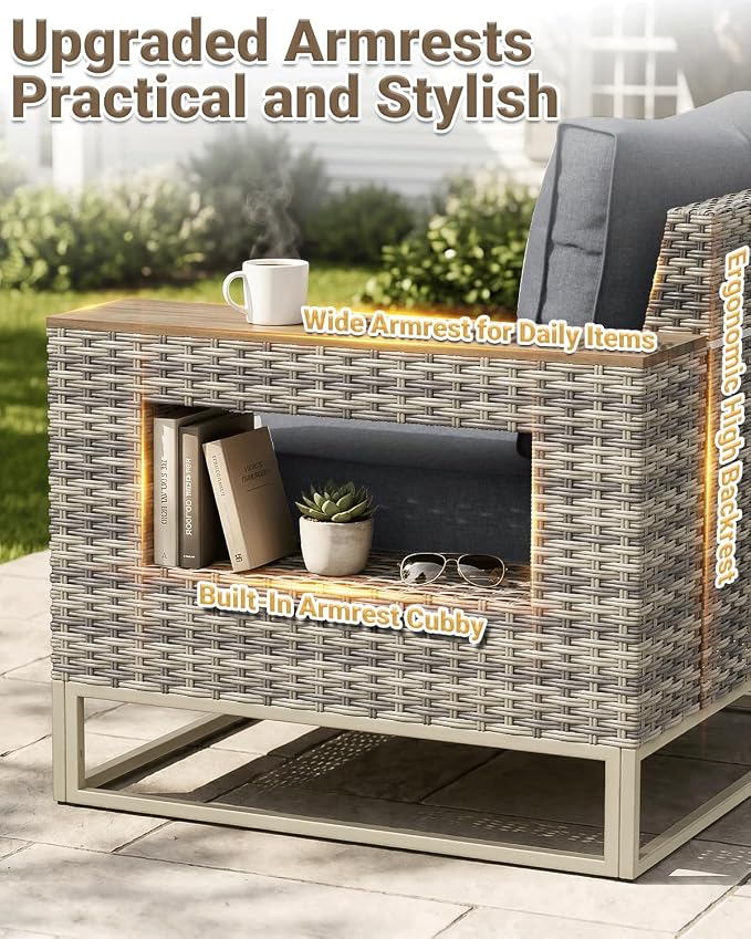 Outdoor Patio Furniture Set 12-Piece PE Rattan Wicker Outdoor Sectional Sofa with Thickened Cushions and Chunky Arms, Modern Modular L-Shaped Conversation Set for Garden, Backyard, Slate Grey