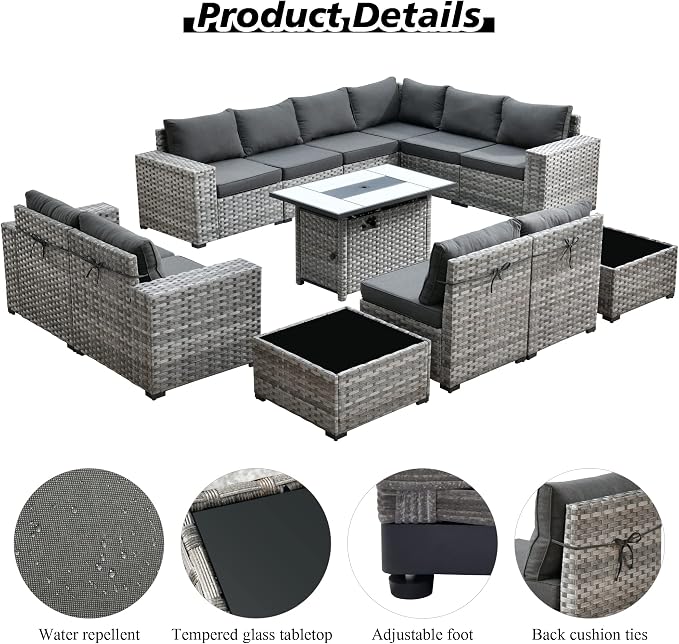 HOOOWOOO Outdoor Patio Sectional Furniture Sofa Set with Propane Fire Pit Table,13 Piece Large Modern Wicker Couch with Widened Armrest,Modular L Shaped Conversation Seating Set(Black)