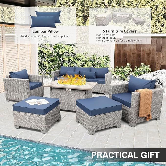 6-Piece Wicker Outdoor Patio Furniture Set with PE Rattan Sectional Sofa, Conversation Set and Fire Pit Table for Backyard Patio(Blue)