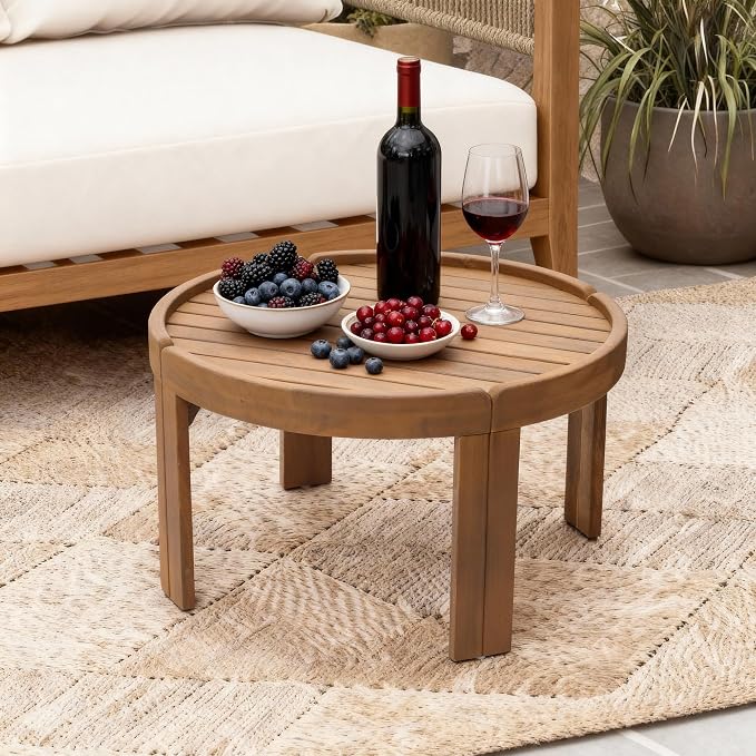 LuxenHome 27.5" Dia Outdoor Round Coffee Table, Acacia Wood Patio Table with Raised Edge, Small Wooden Garden Coffee Table for Balcony, Patio, Porch