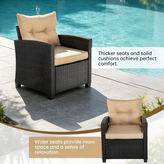 3 Pieces Patio Furniture Set,Outdoor Wicker Conversation Set,Outdoor Wicker Patio Chairs with Cushions & Glass Coffee Table,Bistro Set Outdoor for Porch (Beige)