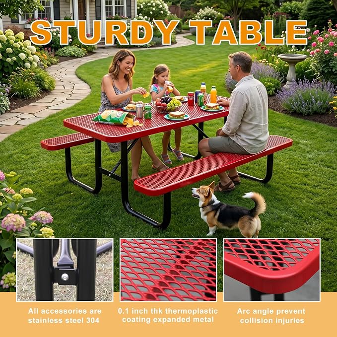 6ft Rectangular Picnic Table – Heavy-Duty Metal Mesh Outdoor Dining Table, Thermoplastic Coated Steel, Outdoor Living, Parks & Schools (red)