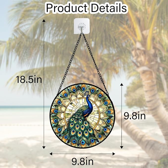 DASTOLL Stained Glass Window Hanging - Retro Peacock Decoration Suncatcher for Door Garden Home Bird Feather Sun Catchers Christmas Mother's Day Birthday Gifts for Women Men Mom Nana Friend 9.8 in