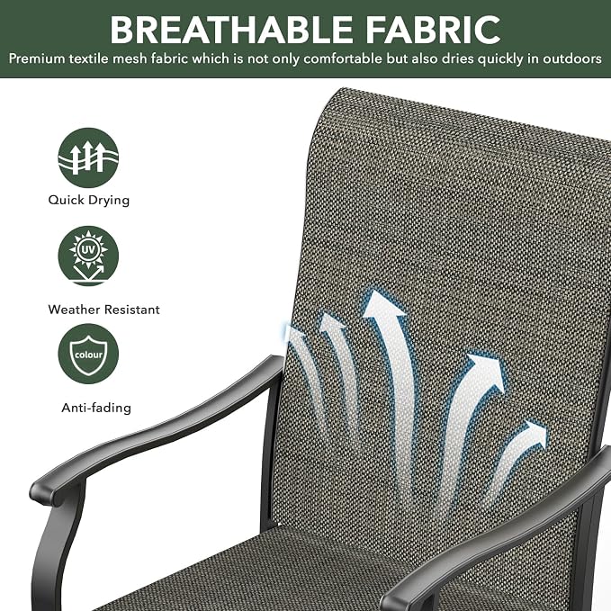Patio 29" Heigh Rectangle Table and Tan Grey Swivel Chair Dining Set 7 Sty1 | 63"x38" Metal Table, 29" Heigh Table Top,All Weather; 6 Piece Swivel Chairs: High Back,Retro Armrest,Textilene Fabric,Rocking