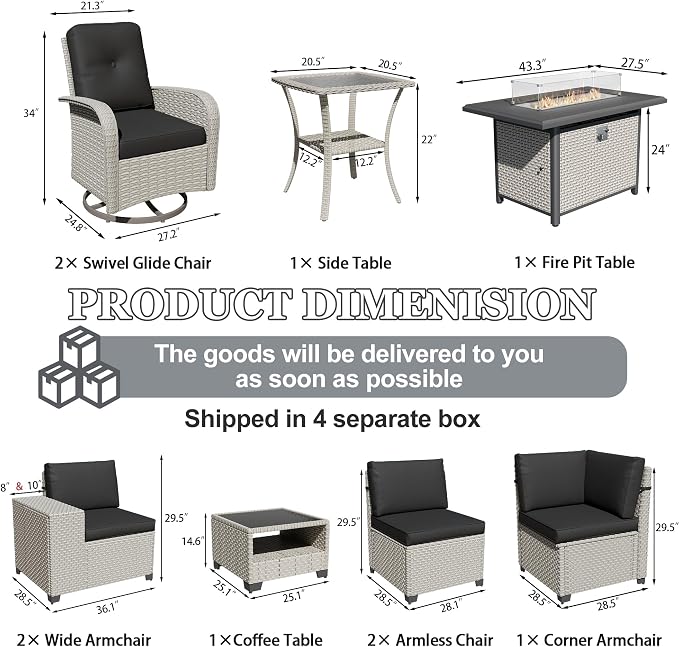 10-Piece Outdoor Patio Furniture Set, Modular Sectional Sofa Set with Swivel Rocker Chairs & Fire Pit, Wicker Outdoor Couch Conversation Sets w/Coffee Table and Cushions, Black