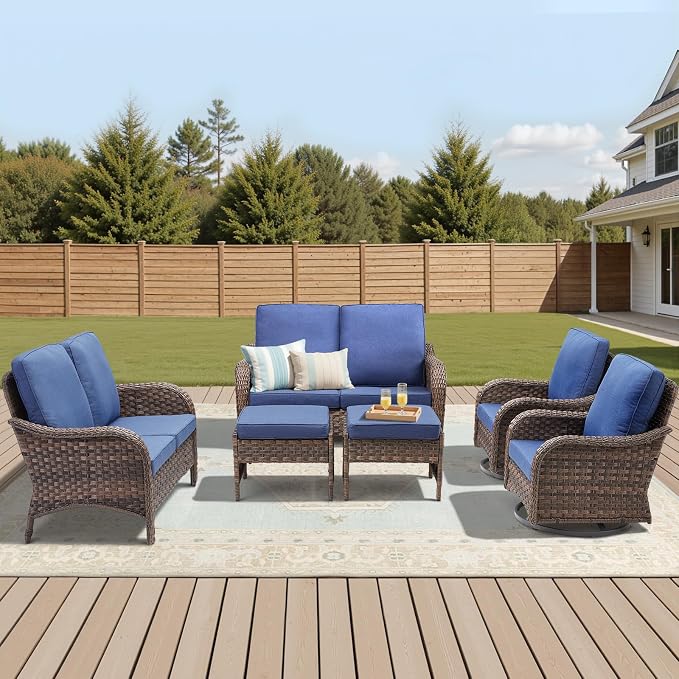 6 PCS Patio Furniture Set, 2 Outdoor Wicker Loveseat Sofas & 2 Swivel Rocking Chairs with 2 Ottomans, 4-Inch Thick Olefin Cushions, 300 lbs Capacity Rattan Conversation Set for Porch, Blue