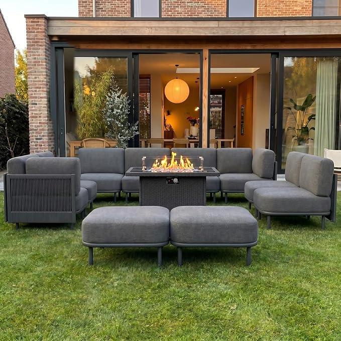 LayinSun 11 Pieces Patio Furniture Set with Fire Pit Table, Modern Outdoor Modular Sectional Conversation Set L-Shaped Sofa with 7-inch Cushion for Garden Backyard Deck