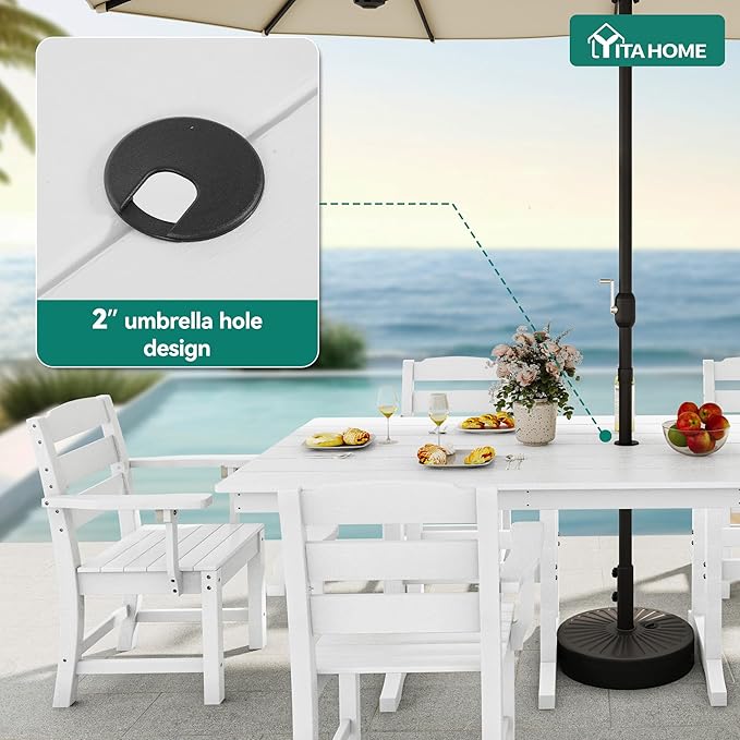 YITAHOME 71" HIPS Outdoor Dining Table for 6, Rectangular Patio Table with Umbrella Hole, All Weather Resin Large Table for Garden Backyard, High Capacity 165 LBS, White
