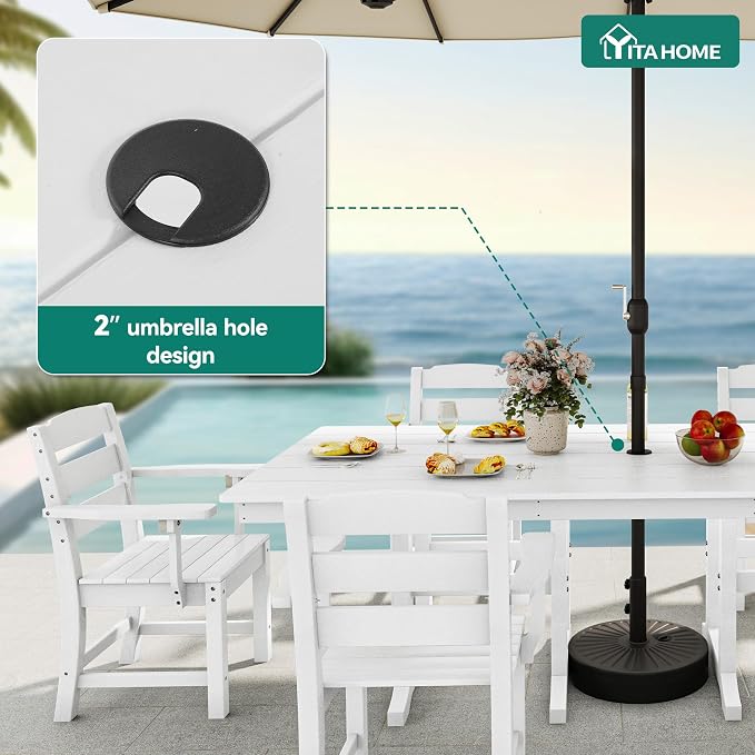 YITAHOME 71 Inch HIPS Outdoor Table, All Weather Patio Dining Table with Umbrella Hole, Faux Wood Rectangular Resin Table for 6, Sturdy Plastic Furniture for Lawn Garden, 165 LBS Capacity, White