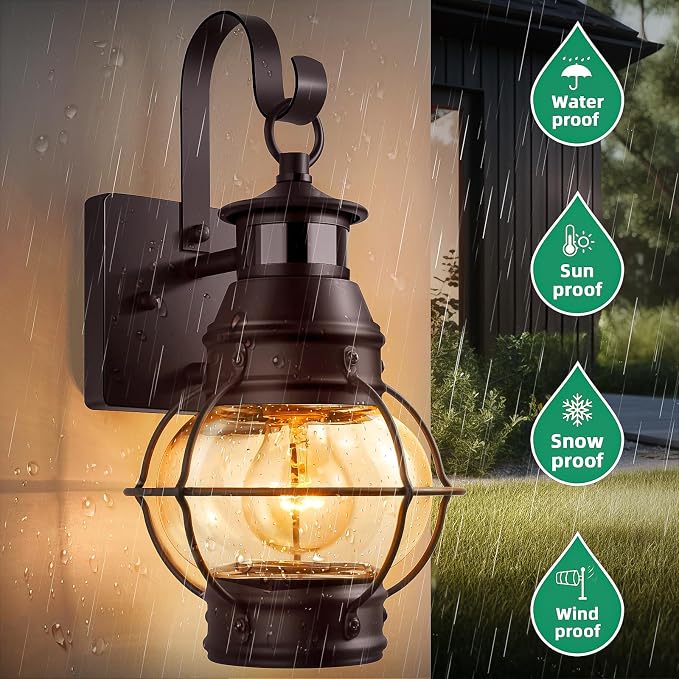 Lamomo 2-Pack Motion Sensor Outdoor Wall Lights – Aluminum Garage Exterior Light Fixtures, Anti-Rust Porch Lantern Set of 2, Waterproof Security Sconces for Entryway & Front Door (Bronze)