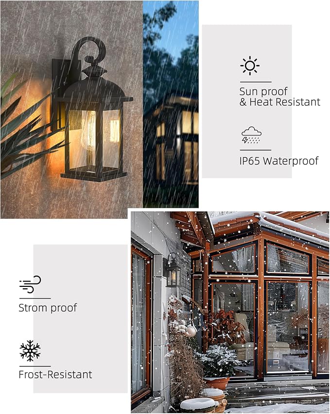 FEMILA Outdoor Wall Sconce, 15" Matte Black Seeded Glass Outdoor Sconce Lights, Front Porch Light Fixtures Wall Mount, Garage Lights for Patio, Entryway, Garden, E26 Base, 4FD54B BK