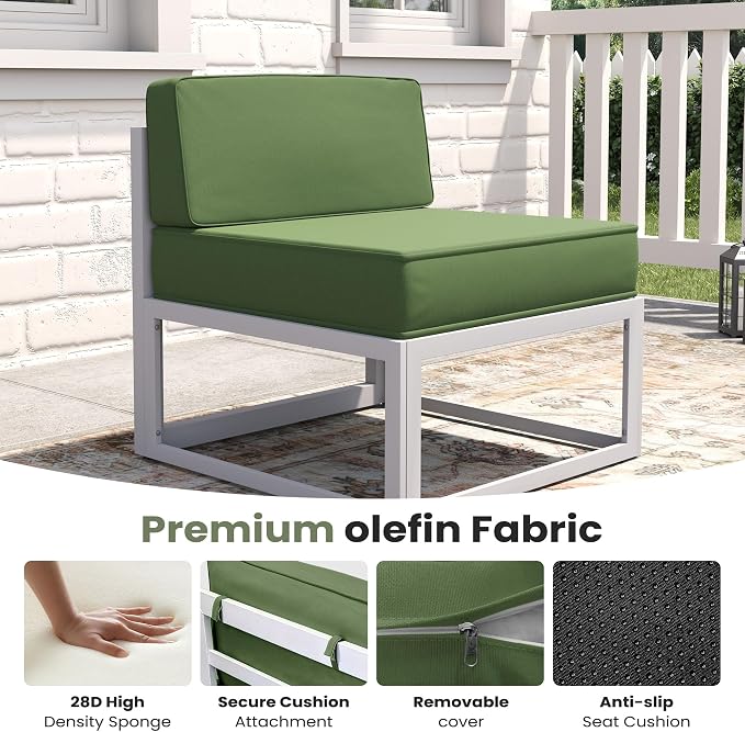 7 Piece Aluminum Patio Furniture Set with Waterproof Cover & 5" Thick Cushions, Aluminum Outdoor Sectional Conversation Set with Coffee Table Ottoman for Porch, Backyard(Light Grey/Green)