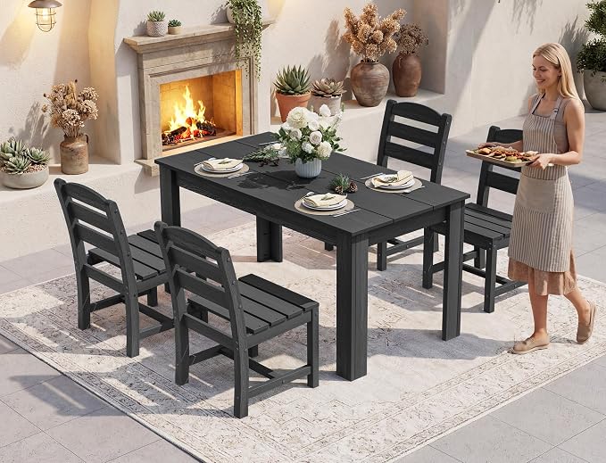 SERWALL 59" HDPE Outdoor Dining Set for 6, w/ 1 Table & 6 Chairs, Black | Armless Patio Dining Sets for All Weather Use