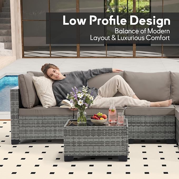 Bonzy Home 7 Pieces Outdoor Patio Furniture Set, PE Rattan Outdoor Sectional Furniture Sofa Set with Removable Cover and Glass Coffee Table, Patio Sofa for Balcony, Porch, Garden, (Grey-Khaki)