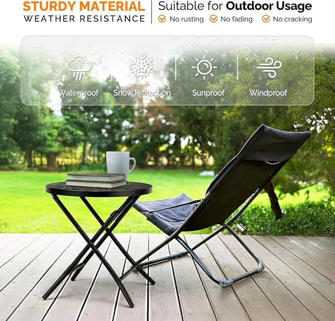 Folding Outdoor Side Tables, Small Patio Table Round Metal End Table with Flower Cutouts for Porch Yard Balcony Deck Lawn, Black