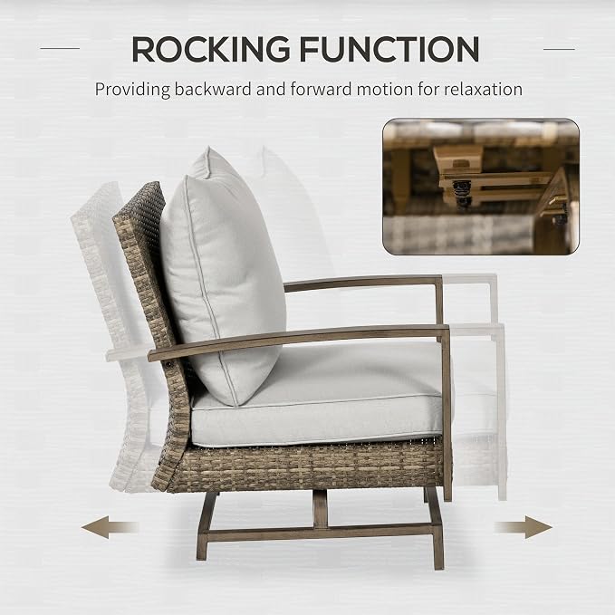 Outsunny 4 Piece Wicker Patio Furniture Set with 2 Rocking Chairs, Loveseat Sofa, Outdoor PE Rattan Conversation Set with Cushions, Aluminum Table for Porch, Poolside, Light Gray