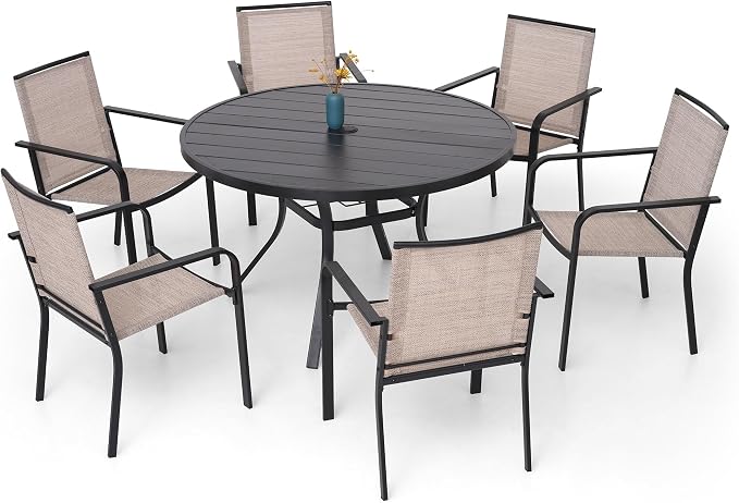 Anmutig 7-Piece Outdoor Dining Set, 48'' Round Table with 6 Stackable Chairs All Weather Furniture Set - Beige Grey
