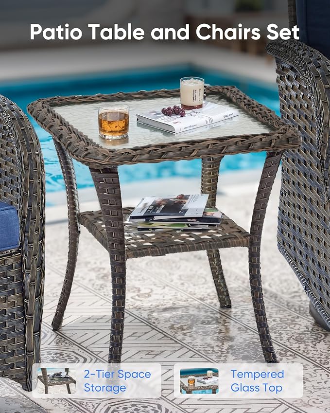 7 Pieces Patio Furniture with Fire Pit-High Back Swivel Patio Chairs Set of 4 with Outdoor Side Table Outdoor Patio Furniture Set for Deck Porch Garden Balcony Poolside-Brown/Blue