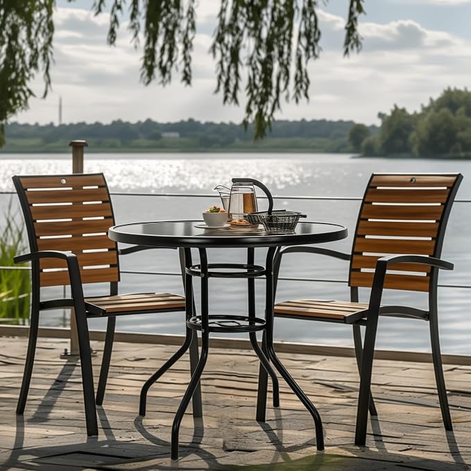 Premium Square Patio Table with 2 In Umbrella Hole,32 In Tempered Glass Top,Outdoor Coffee Table for Patio,Balcony, Backyard,Poolside,and Sunroom - Small Patio Table with Umbrella Hole (Round)