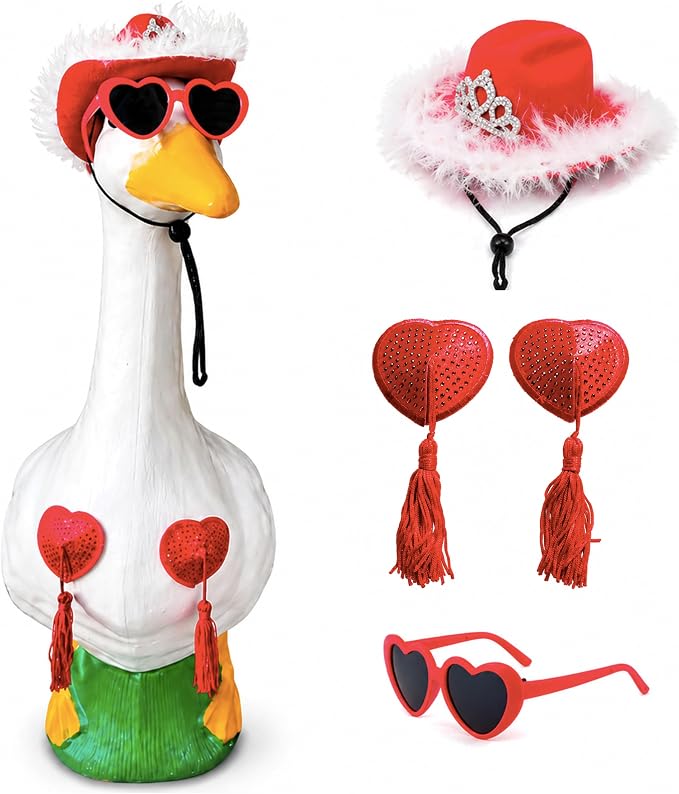 Funny Porch Goose Summer Decor Set Hat, Sunglasses & Tassel Skirt for 17'' & 24'' Lawn Geese Outdoor Yard Decoration (Heart Fringe)
