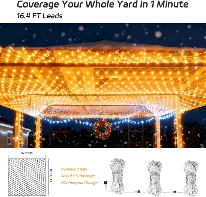 Net Lights Outdoor 10x10 FT, 8 Modes Connectable Mesh Lights with Plug- Connect 3 Sets, 30×10 FT Coverage, 270 LED Christmas Warm White for Trees, Bushes, Garden, Yard Decorations