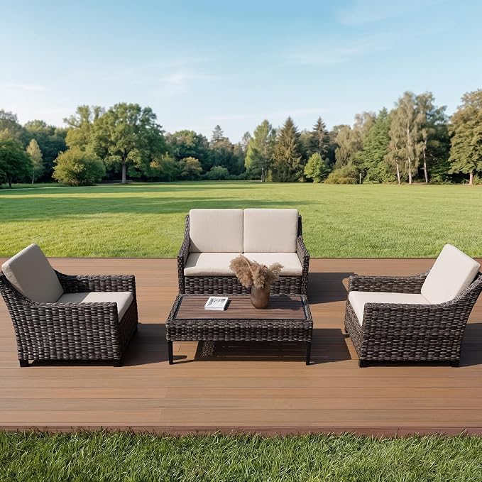 Wicker Patio Conversation Set, Outdoor Patio Chair Set with Deep Seating, Wide Armrests & Thick Cushions, All-Weather Outdoor Furniture Set for Patio, Porch, Deck & Backyard