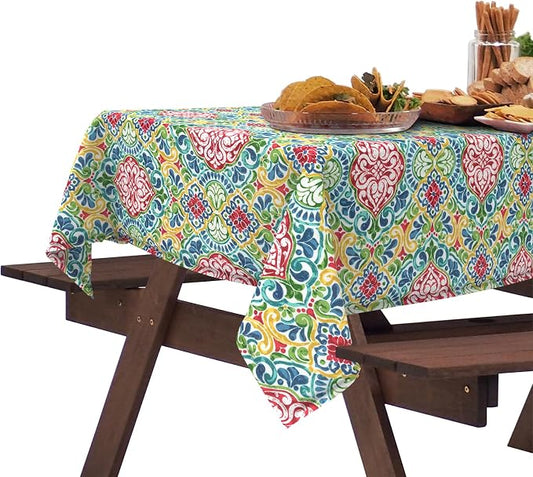 DYTXIII Outdoor Rectangle Tablecloth with Umbrella Hole and Zipper 84" x 60", Water Repellent Floral Picnic Cover, Fade & Wrinkle Resistant Tablecloth for Patio/Garden/Party Table, Damask Red
