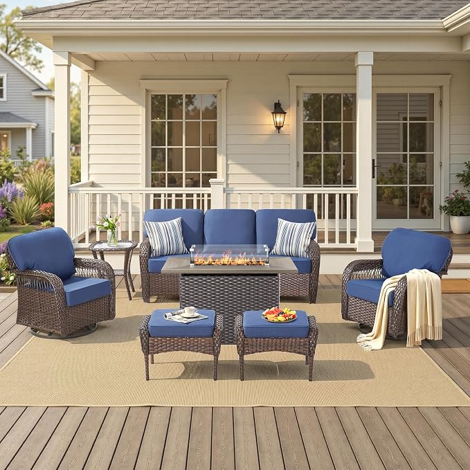 7 PCS Patio Furniture Set with Fire Pit Table, Outdoor Sectional Sofa Couch with Rocking Swivel Chairs 5" Deep Seat Chairs, Modern Wicker Rattan Conversation Set, Blue/Brown Wicker