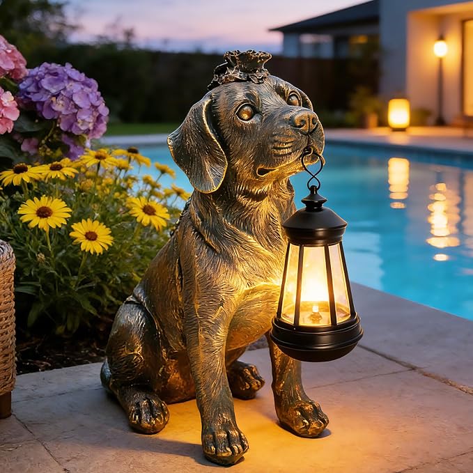 Solar Garden Statue Dog Figurine Decor with Lantern Lights, 11 Inch Outdoor Decoration Solar Dog Sculptures for Outside Patio Lawn Balcony Yard Ornament, Dogs Lover Gifts for Women Mom Birthday