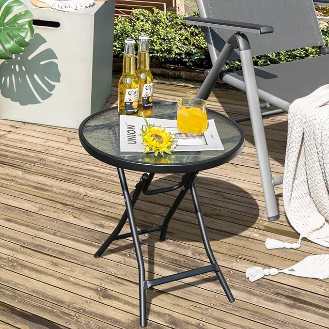 HAPPYGRILL Outdoor Side Table, Folding Small Patio Table with Tempered Glass Tabletop, Steel Frame, Round Outdoor End Table with Anti-Slip Footpads for Balcony Garden Backyard Deck Poolside