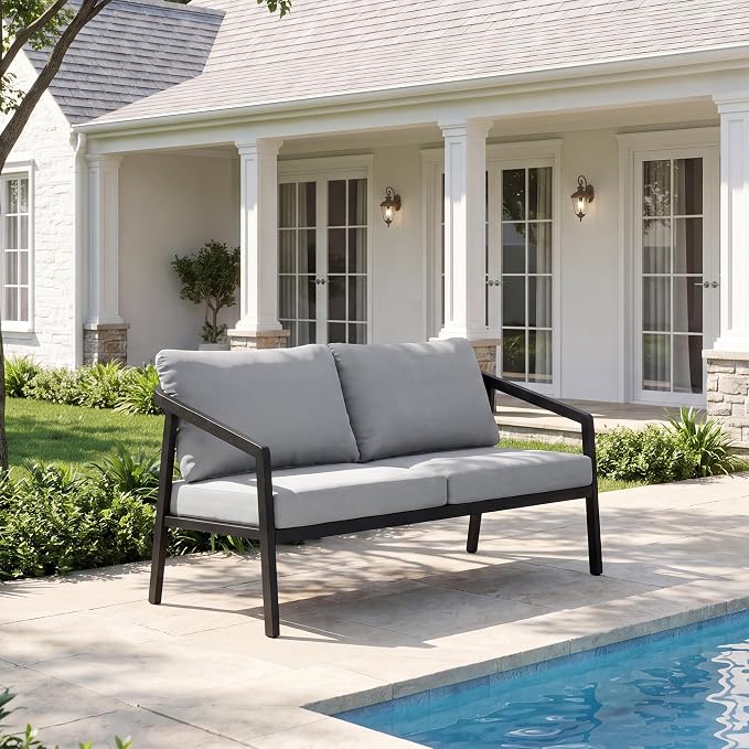 Outdoor Patio Loveseat Sofa, Aluminum 2-Seater Conversation Set with Washable Thick Cushions, Never-Rust Modern Garden Couch Bench for Porch, Poolside, Backyard (Black+Grey)