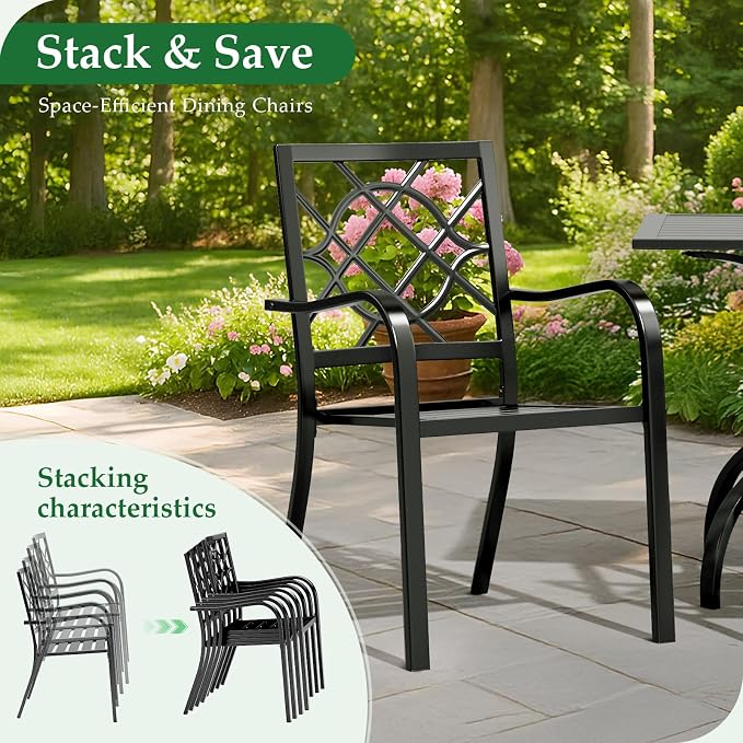 Oakcloud 4 Pieces Patio Wrought Iron Chairs, Metal Outdoor Dining Set, Stackable Bistro Chairs with Armrest for Garden Backyard, 300 LBs, Black