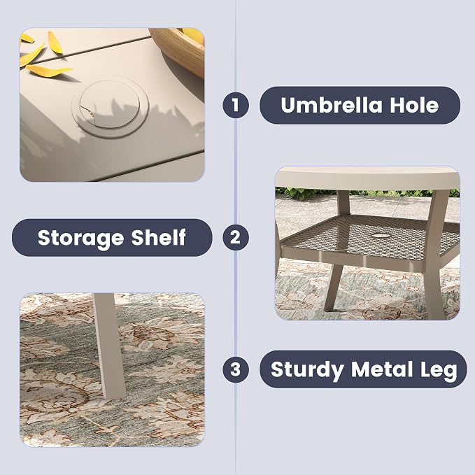 VICLLAX 47.2" Round Patio Table, Outdoor Dining Table for 6 with Umbrella Hole for Garden Lawn Deck Backyard, Sandshell